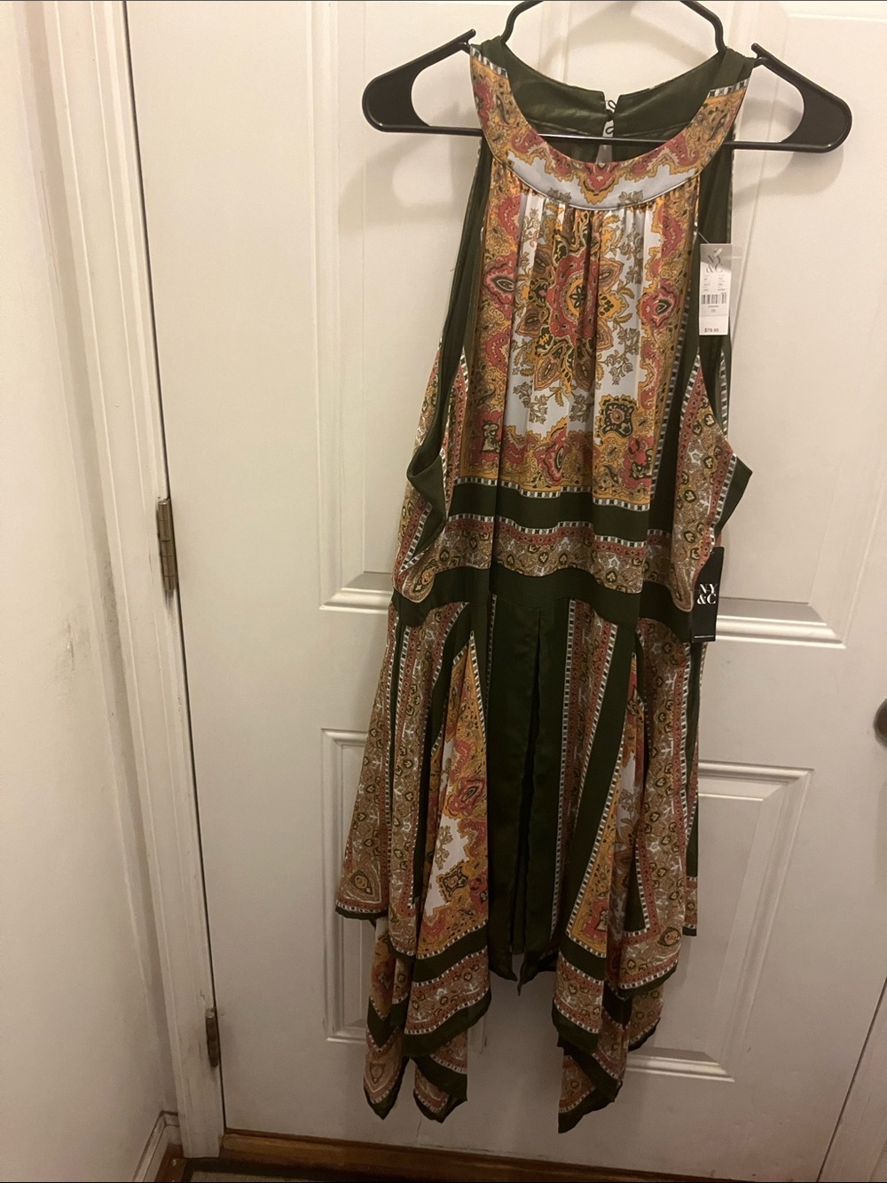 New York & Company Olive Green Paisley Halter Midi Dress
